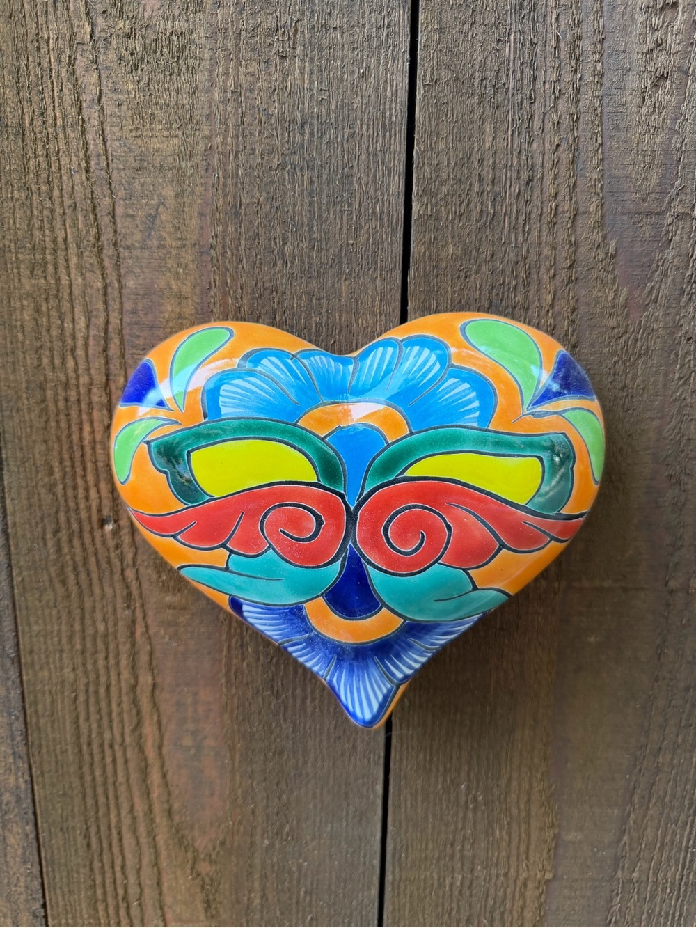 Hand-Painted Orange Talavera Heart Wall Art - Vibrant Multicolor Ceramic